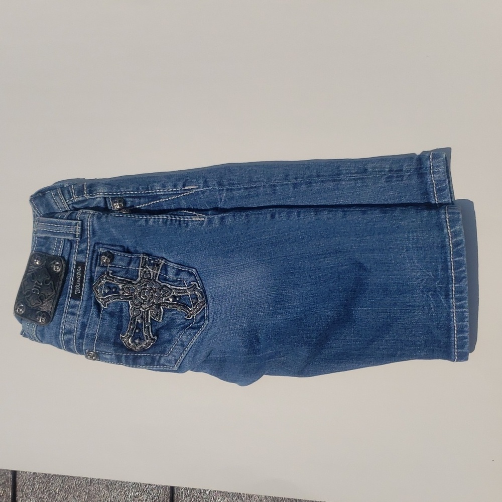 Miss Me Girls SZ 12 Denim Cross Bermuda Capri EEUC